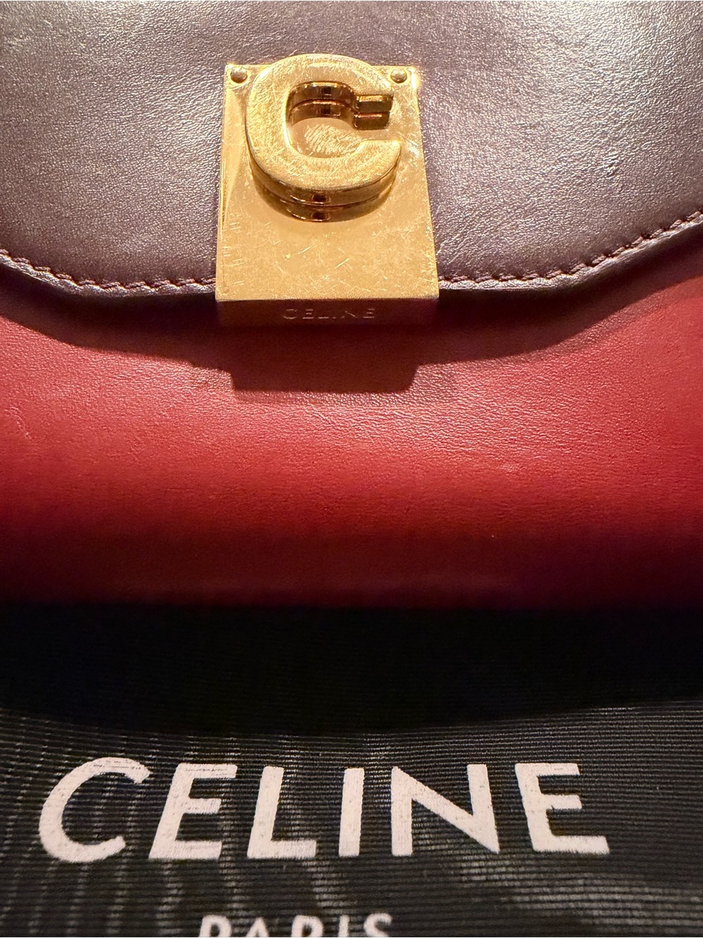 CELINE Bicolor Small C Flap Wallet Burgundy Red Leather Gold Hardware